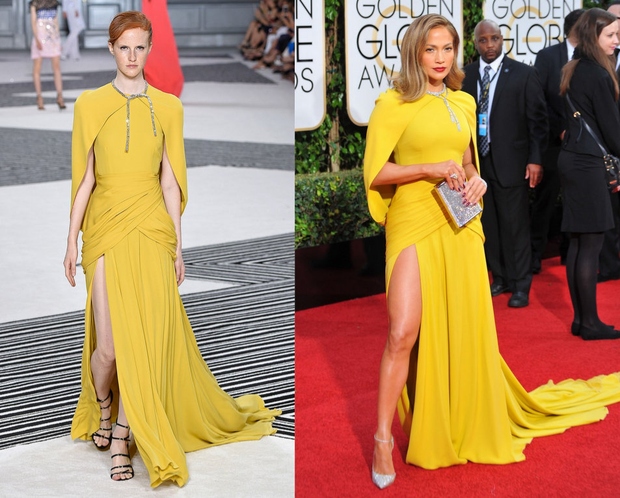 Giambattista Valli Haute Couture Jesen Zima 2015 v Parizu in Jennifer Lopez na podelitvi 73. Zlatih globusov 2015.