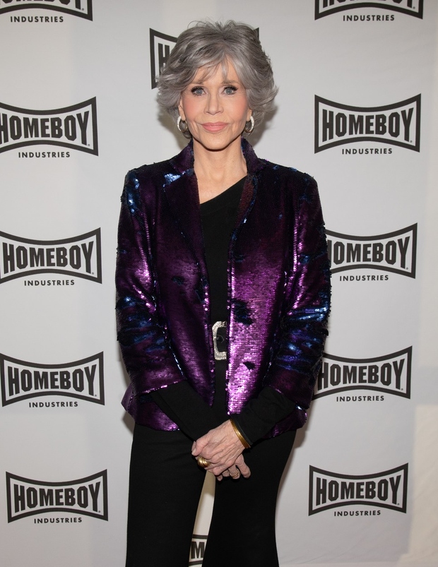 Jane Fonda se je odločila za suknjič z neverjetnimi vijoličnimi bleščicami v kombinaciji s popolnoma črnim videzom. Črne hlače na …