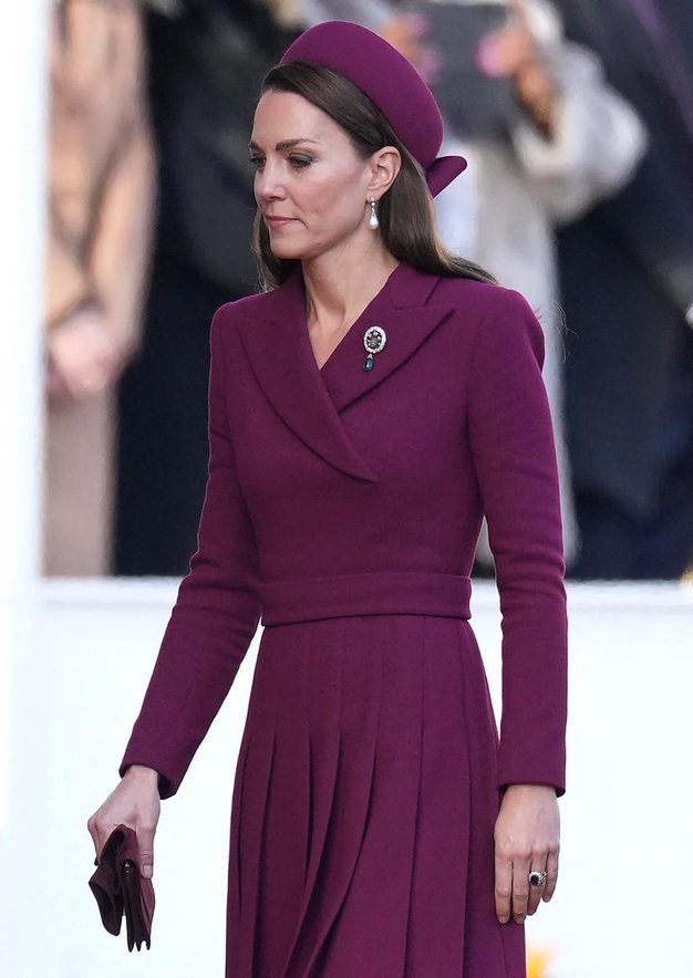 Na slovesnem sprejemu pred Buckinghamsko palačo je valižanska princesa nosila obleko znamke Emilia Wickstead s klobukom Jane Taylor, čeveljci in …