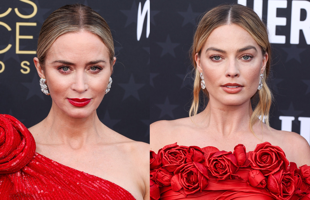 Margot Robbie in Emily Blunt sta nosili maksi rdeči obleki s tridimenzionalnimi vrtnicami, glamuroznim detajlom, ki vsako kombinacijo naredi romantično.